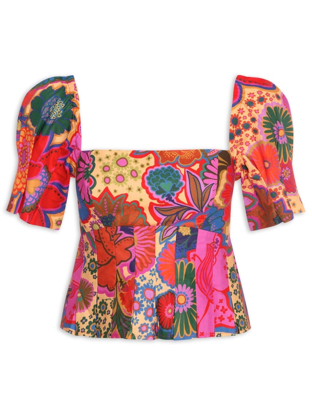 FARM Rio Pink Multicolor Square-Neck Puff-Sleeve Crop Top